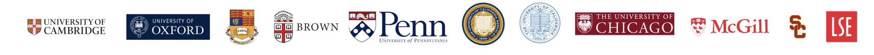 University logos including Cambridge, Oxford, Brown, Penn, Columbia, Chicago, McGill, USC and LSE